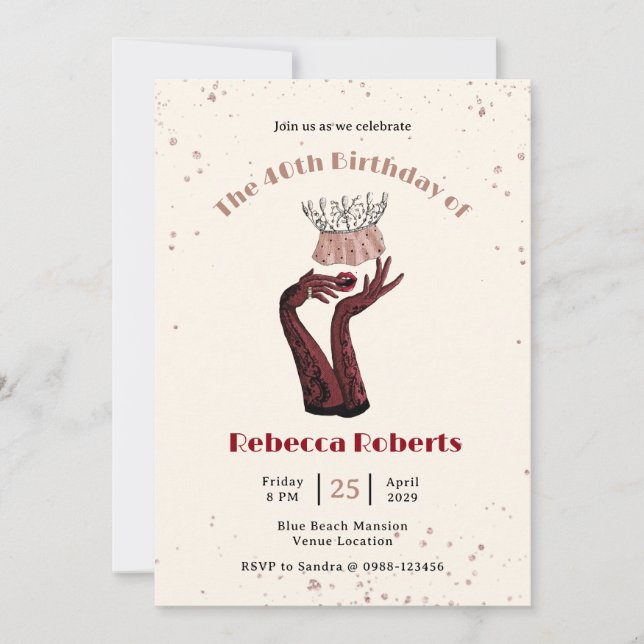 Invitación Cumpleaños de la Reina fiesta Dama Fashionista (Anverso)