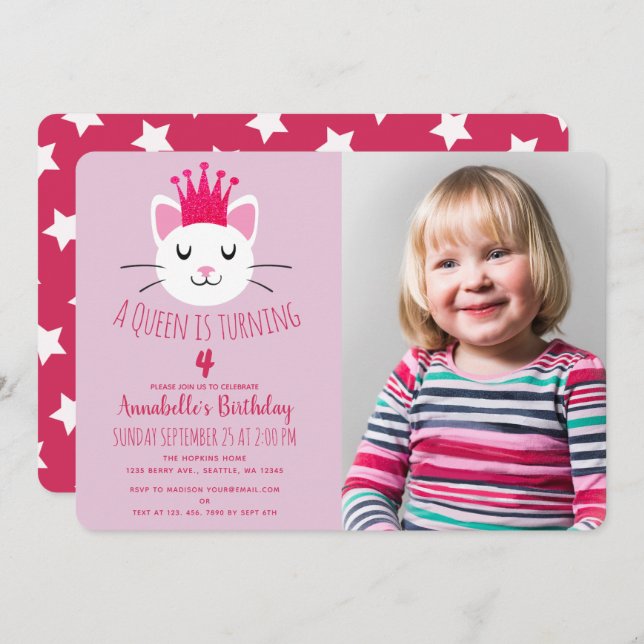 Invitación Cumpleaños de la Reina Kitty, un Chica lindo (Anverso / Reverso)