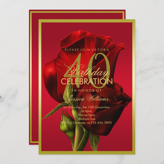 Invitación Cumpleaños de la Rosa Roja Romántica con Marco de  (Anverso / Reverso)