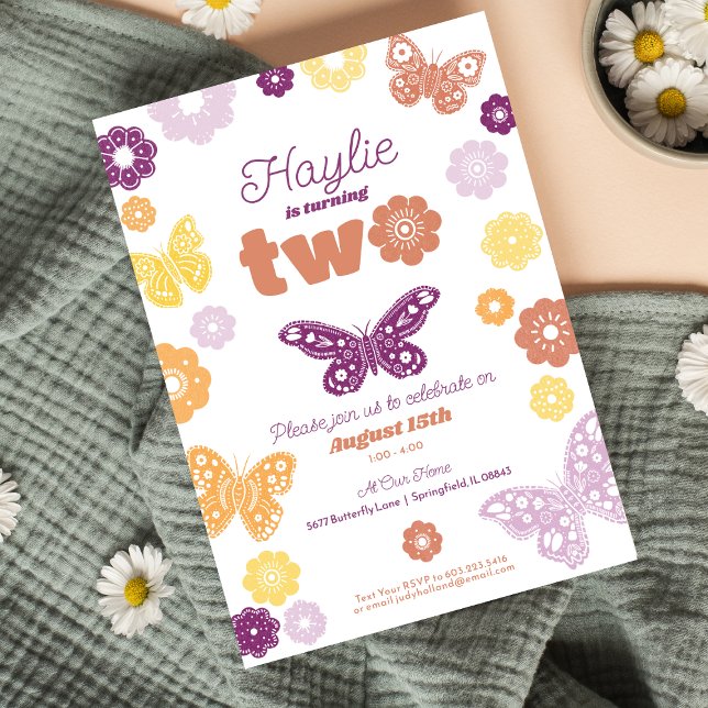 Invitación Cumpleaños de la Segunda Fiesta de Cumpleaños Retr (Retro Butterfly Birthday Invitation)