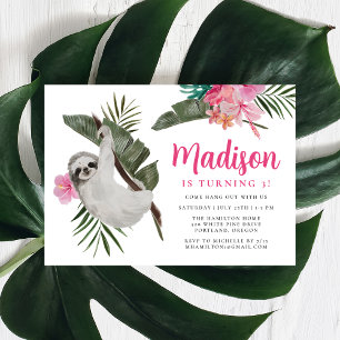 Invitación Cumpleaños de la selva de perezoso lindo y flores