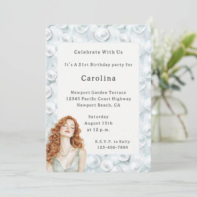 Invitación Cumpleaños de la Señora de Cabello Rojo con Perlas (Anverso de pie)