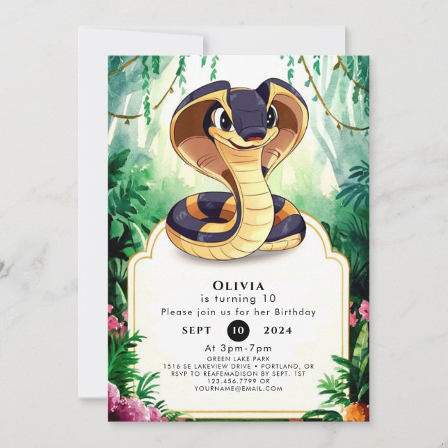 Invitación Cumpleaños de la serpiente acuarela encantada (Anverso)