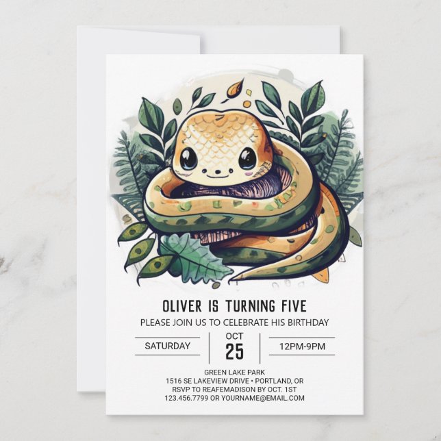 Invitación Cumpleaños de la serpiente de la jungla acuarela (Anverso)