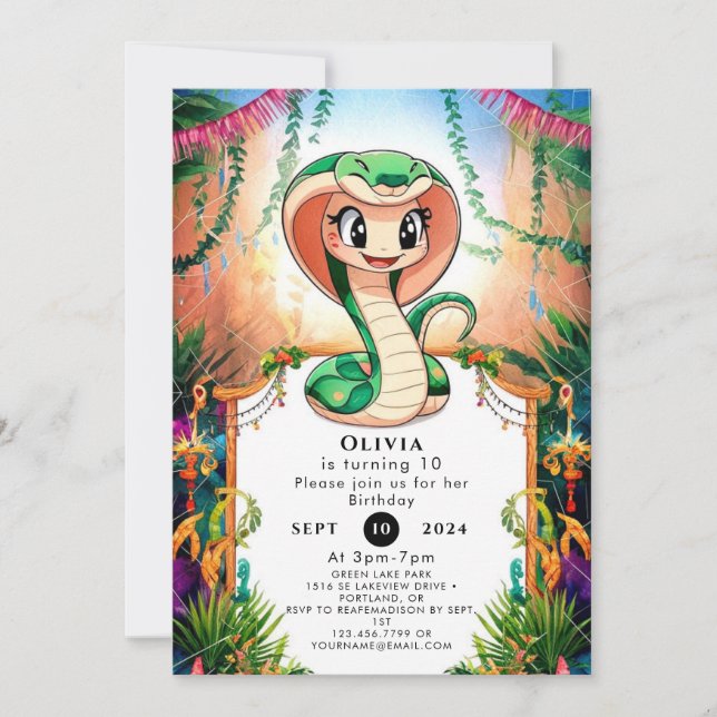 Invitación Cumpleaños de la serpiente de la jungla simple (Anverso)