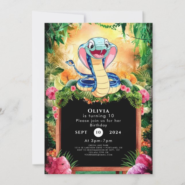 Invitación Cumpleaños de la Serpiente Pastel Reptiles (Anverso)