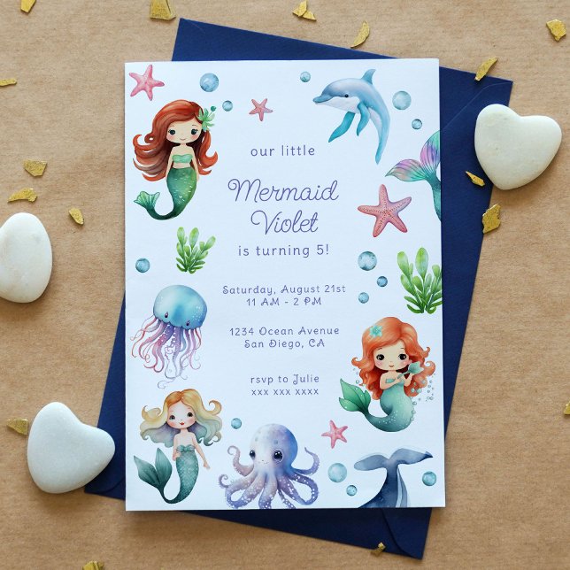 Invitación Cumpleaños de la sirena acuarela (Subido por el creador)