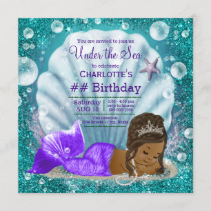 Invitación Cumpleaños de la sirena afroamericana bajo el mar