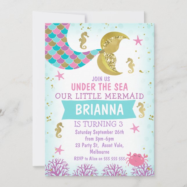 Invitación Cumpleaños de la Sirena Azul Púrpura Rosa (Anverso)