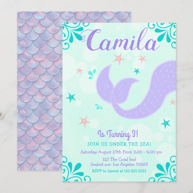 Invitación Cumpleaños De La Sirena Bajo El Mar Morado Verde a (Anverso / Reverso)