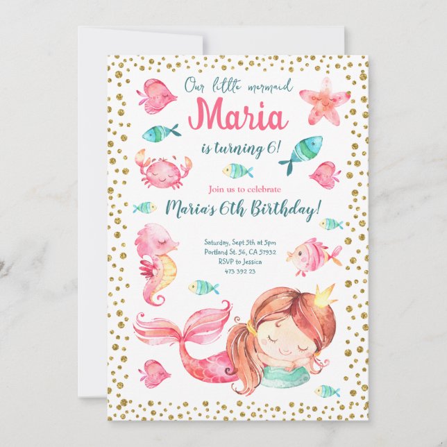 Invitación Cumpleaños de la sirena bajo el mar Ocean Chica (Anverso)