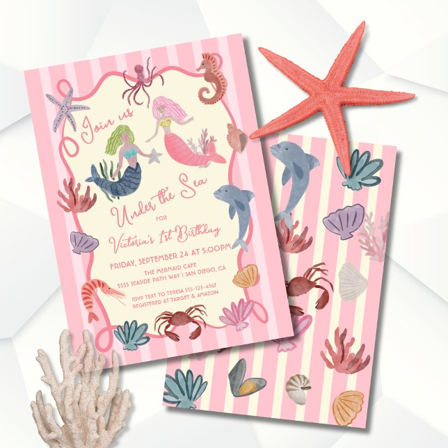 Invitación Cumpleaños de la sirena bajo la mano costera del m (Subido por el creador)