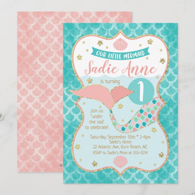 Invitación Cumpleaños de la sirena Coral y Verde azulado (Anverso / Reverso)