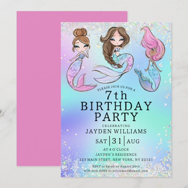 Invitación Cumpleaños de la sirena cutánea (Anverso / Reverso)