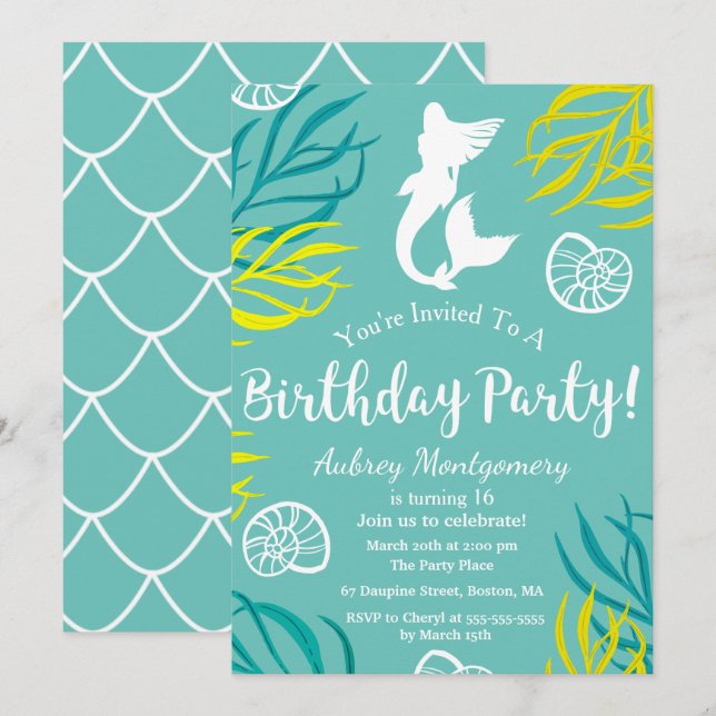Invitación Cumpleaños de la sirena de algas marinas y de las  (Anverso / Reverso)