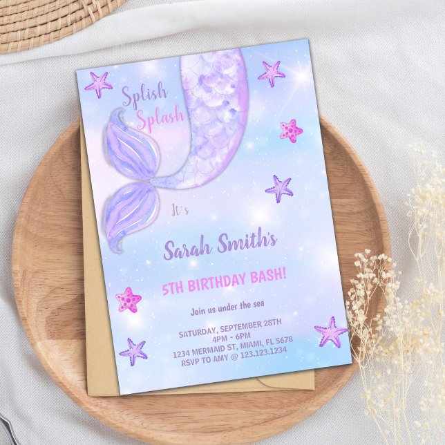 Invitación Cumpleaños de la sirena de estrella morada del per (Purple Star Mermaid Birthday Invitations)