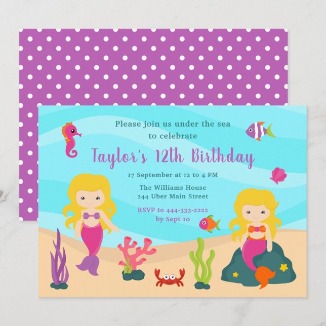 Invitación Cumpleaños de la sirena de pelo rubio (Anverso / Reverso)