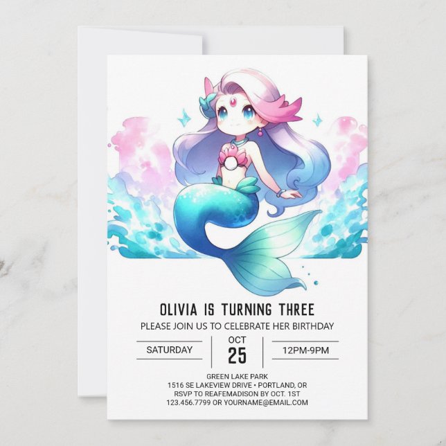 Invitación Cumpleaños de la sirena de Whimsy Digital (Anverso)