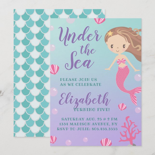 Invitación Cumpleaños de la sirena "Debajo del Mar" (Anverso / Reverso)