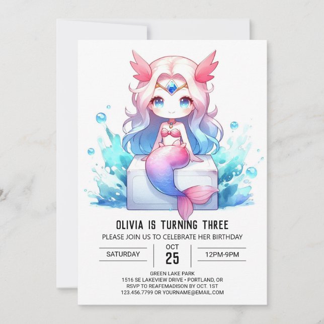 Invitación Cumpleaños de la Sirena Digital Cute (Anverso)