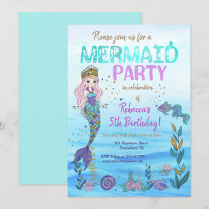 Invitación Cumpleaños de la sirena Fiesta Verde azulada morad