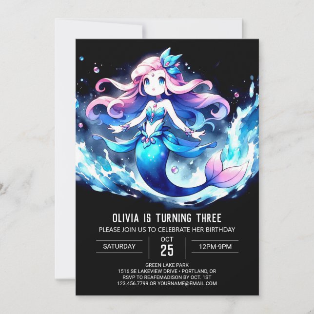 Invitación Cumpleaños de la Sirena Impresa Dreamy (Anverso)