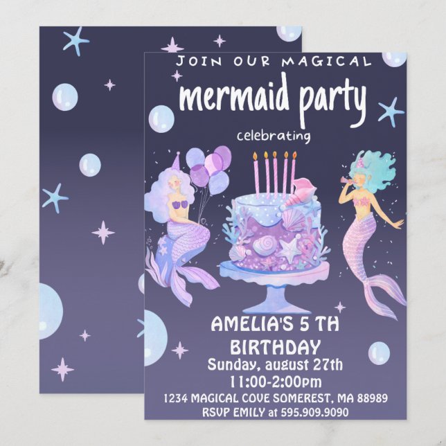 Invitación Cumpleaños de la sirena mágica (Anverso / Reverso)