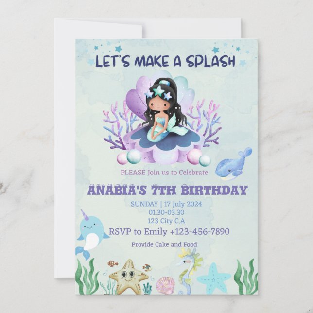 Invitación Cumpleaños de la sirena mágica (Anverso)