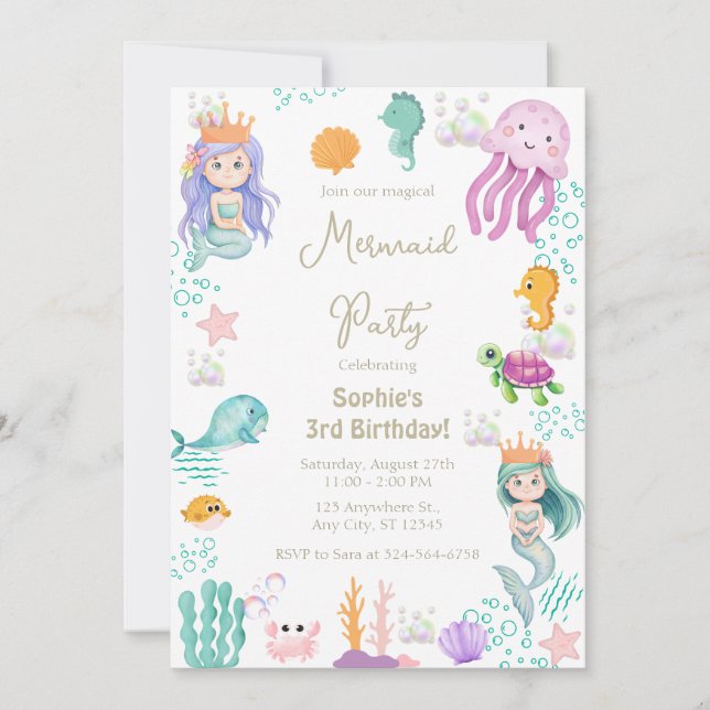 Invitación Cumpleaños de la sirena mágica (Anverso)