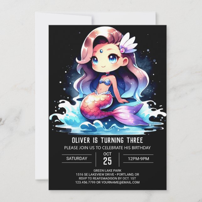 Invitación Cumpleaños de la sirena minimalista (Anverso)