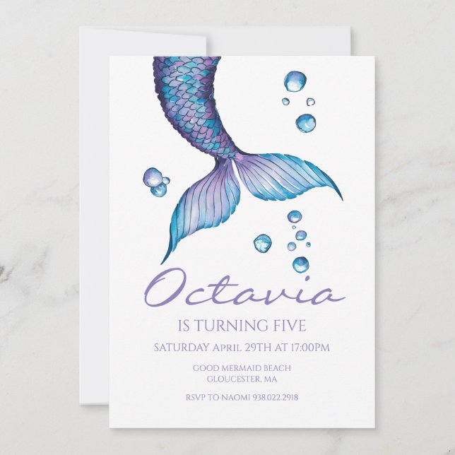 Invitación Cumpleaños de la sirena morada bajo el mar (Anverso)