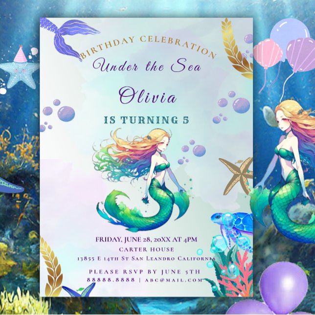 Invitación Cumpleaños de la sirena morada y dorada bajo el ma (Subido por el creador)