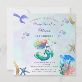 Invitación Cumpleaños de la sirena morada y dorada bajo el ma