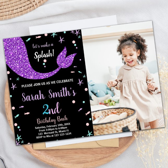 Invitación Cumpleaños de la sirena negra rosada con foto (Black Pink Mermaid Tail Birthday with photo Invitation)