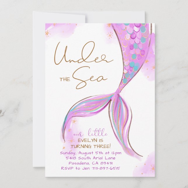 Invitación Cumpleaños De La Sirena Púrpura Bajo El Fiesta Del (Anverso)