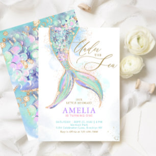 Invitación Cumpleaños de la sirena Purpurina de oro bajo el m