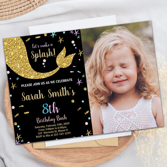 Invitación Cumpleaños de la Sirena Purpurina Dorada con foto (Golden Glitter Mermaid Tail Birthday with photo Invitation)