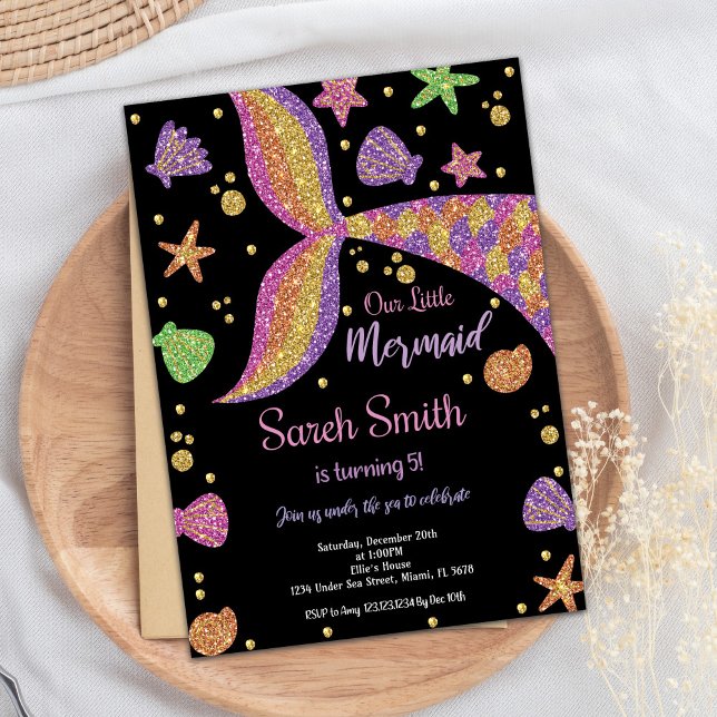 Invitación Cumpleaños de la Sirena Purpurina Purple Gold (Mermaid Birthday Invitation with photo)