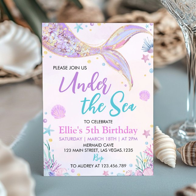 Invitación Cumpleaños de la sirena rosa bajo el Chica marino (Subido por el creador)