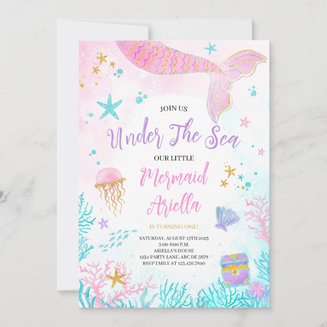 Invitación Cumpleaños de la sirena rosa mágica (Anverso)
