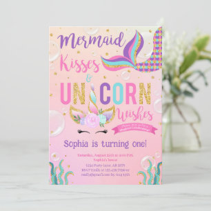 Invitación Cumpleaños de la sirena rosa y unicornio