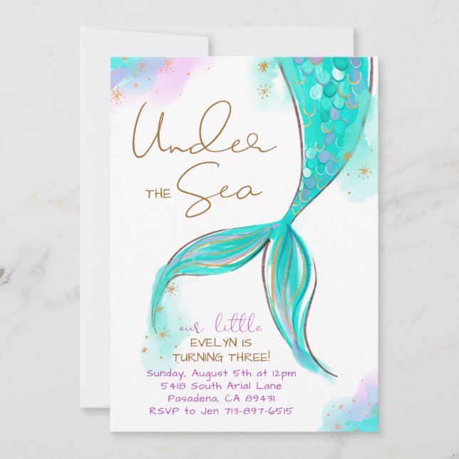 Invitación Cumpleaños De La Sirena Turquesa Bajo El Fiesta De (Anverso)