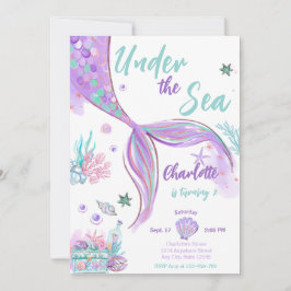 Invitación Cumpleaños De La Sirenita Bajo El Purpurina Del Ma