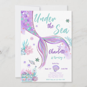 Invitación Cumpleaños De La Sirenita Bajo El Purpurina Del Ma