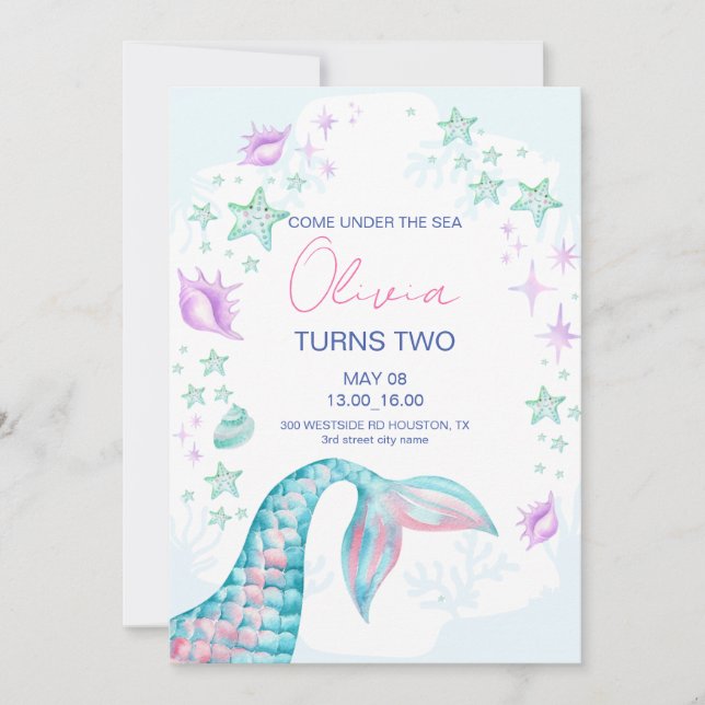 Invitación Cumpleaños de la Sirenita bajo la púrpura del mar (Anverso)