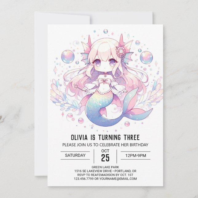 Invitación Cumpleaños de la Sirenita Elegante Digital (Anverso)