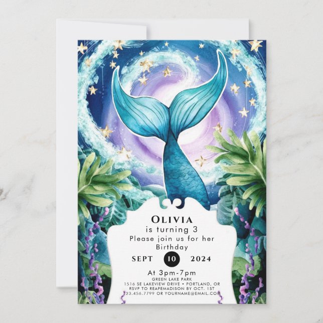 Invitación Cumpleaños de la Sirenita Marina Whimsical (Anverso)