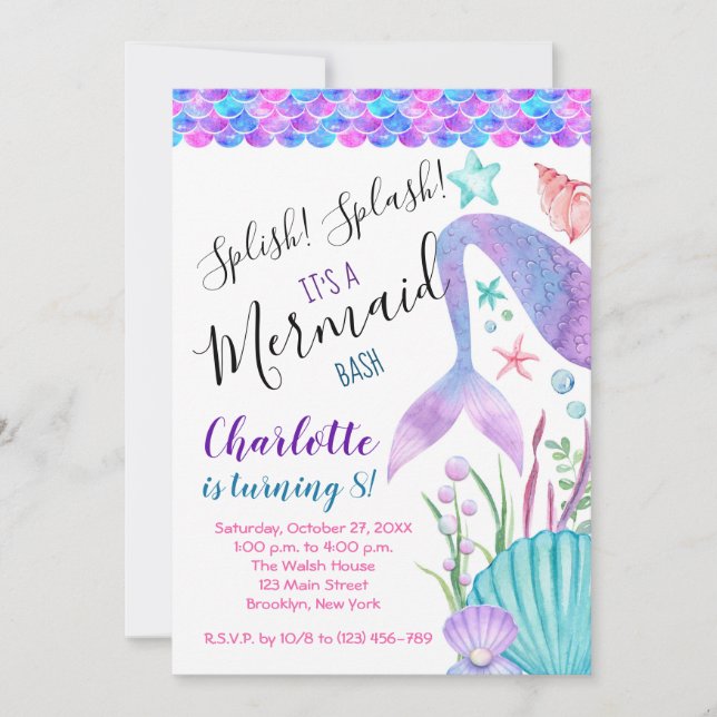 Invitación Cumpleaños de la Sirenita, Splish Splash (Anverso)