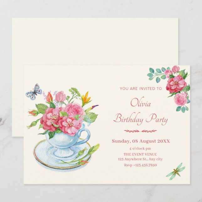Invitación Cumpleaños de la taza de té floral (Anverso / Reverso)