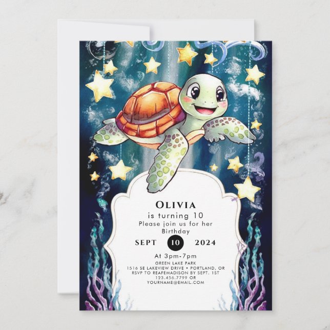 Invitación Cumpleaños de la tortuga de los niños mágicos (Anverso)
